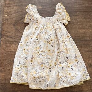 Shabby Chic Cream and Yellow Floral Dress with Pom-Pom Trim